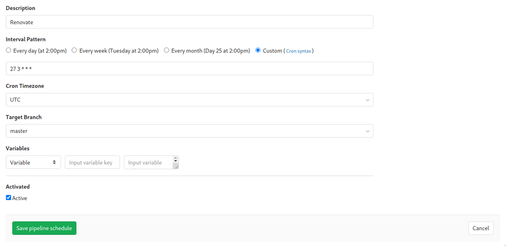 Screenshot of the settings for scheduled pipelines