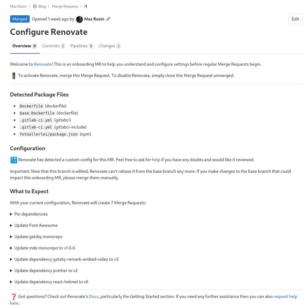 Screenshot of a Renovate onboarding merge request